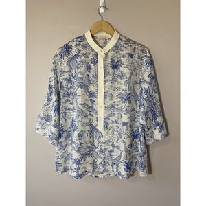 Tory‎ Burch Chinoiserie Print Silk Blouse Size 6 Lightweight Short Sleeve Top